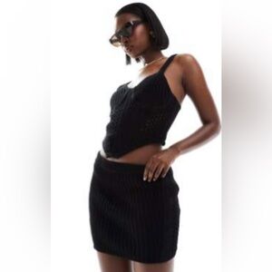 ASOS DESIGN knit crochet corset top & mini skirt in black